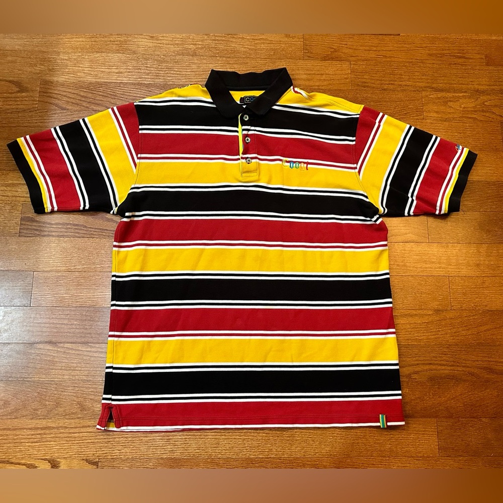 Vtg 90s COOGI Mens Yellow, Red, Black Striped Polo shirt Sz XXL